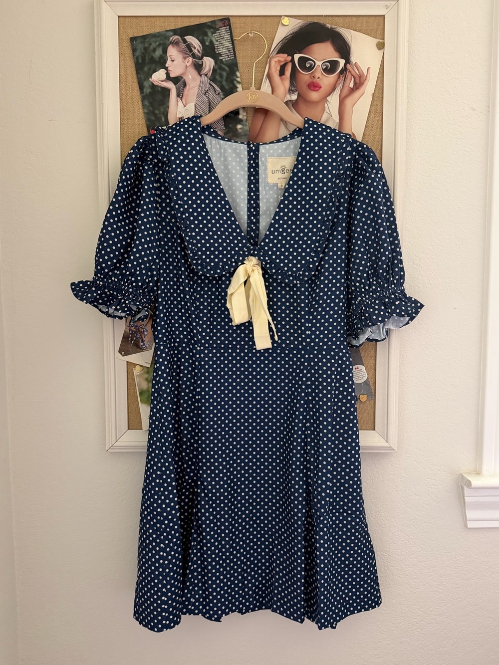 Umgee Navy White Polka Dot V-Neck Midi Dress with Cream Tie
